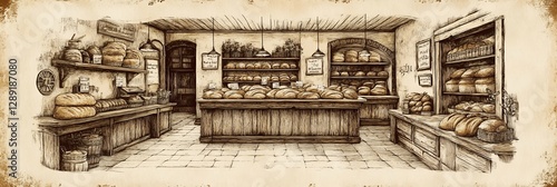 A rustic bakery brimming with freshly baked sourdough. Wooden shelves overflow with loaves, creating a warm, inviting atmosphere. Perfect for National Sourdough Bread Day!
