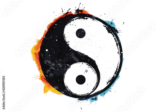 Graffiti-style yin yang symbol vector stencil with spray paint effect, black and white balance icon, urban street art, isolated on transparent background, Chinese philosophy