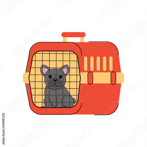 Travel with Pets Vector Illustration French Bulldog with Pet Carrier, Airplane Pet Travel, Minimalist Flat Design. Vector illustration