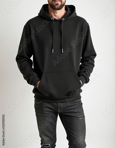 Man wears black hoodie and jeans. Isolated clothing mockup photo with a bearded male wearing a plain casual attire. Design template for fashion wear advertisement, mockup with logotype space. photo