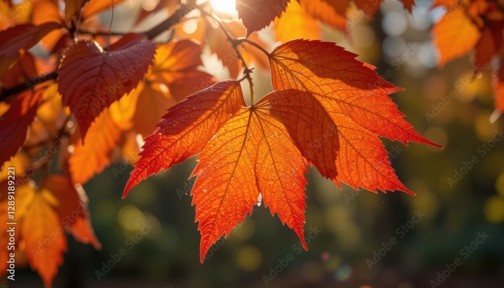 Obraz premium The Enchanting Nature of Autumn Background with Warm Sunlight Golden Leaves Falling Gently in a Scenic Forest Vibrant Trees in Peak Fall Colors and a Beautiful Peaceful Outdoor Setting Creating a Stun