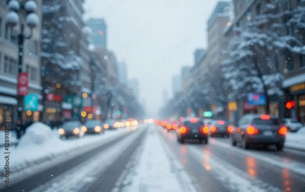 A snowy road with car lights blurred in the background A snowy road with car lights blurred in the background