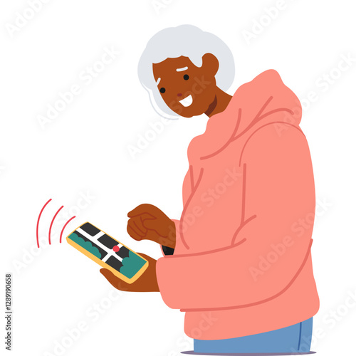 Elderly woman character using navigation mobile application for searching place of destination