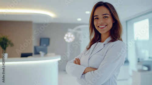 Portrait, doctor and healthcare for clinic, medicine or professional service. Confident female physician in white coat standing in modern medical office for trust, care or health consultation