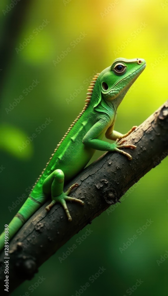 An emerald lizard is seen basking in the warm sunlight on a tree branch, sunbathing, scenery, natural An emerald lizard is seen basking in the warm sunlight on a tree branch, sunbathing, scenery, natural
