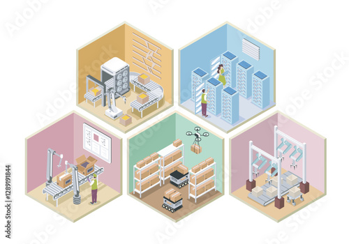 Automated industry 3d isometric rooms concept in isometry graphic design for web. People working in conveyor lines with robotic arms on packing boxes, controlling at server racks. Vector illustration.