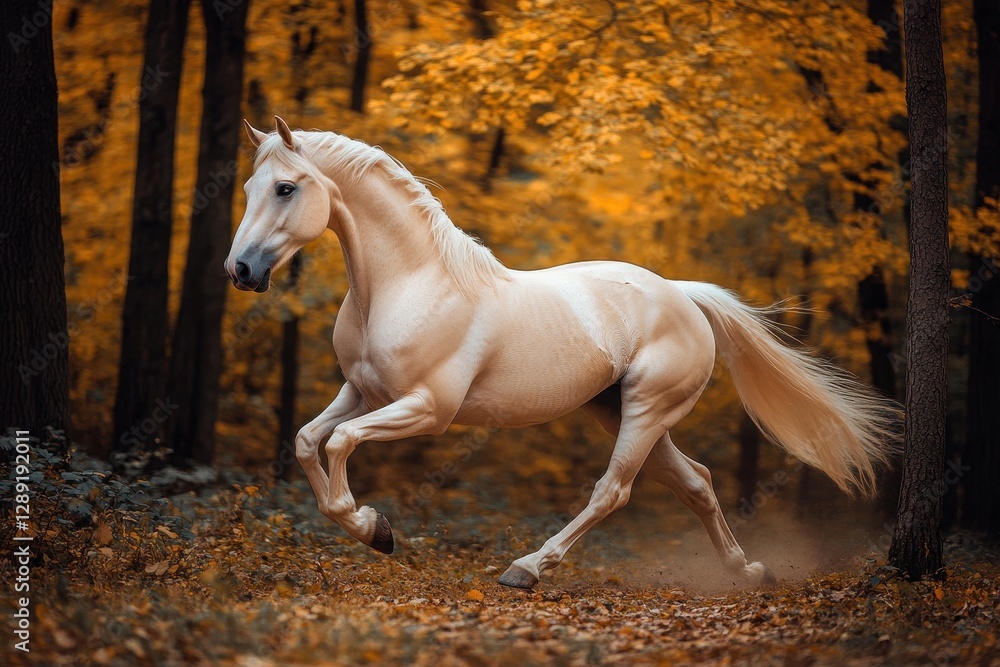Obraz premium Elegant Cremello Stallion in Motion Through Autumn Forest, Showcasing Lean Frame and Striking Blue Eyes