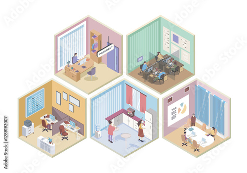 Call center 3d isometric rooms concept in isometry graphic design for web. People working as operators at workplaces, president in his office, team meeting, employees at kitchen. Vector illustration.