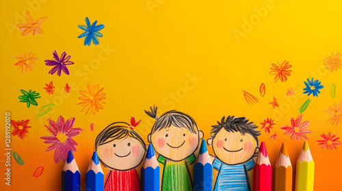fondo colorido con el dibujo de dos niñas con flores en la pared y colores para colorear para celebrar el dia del niño felicidad y alegria
