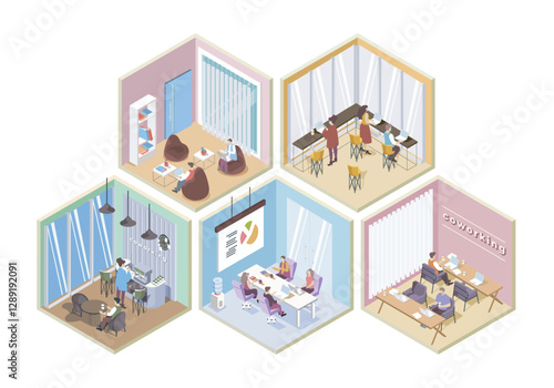 Coworking space 3d isometric rooms concept in isometry graphic design for web. People working in open offices, meeting at conference halls, workflow in departments, coffee break. Vector illustration.