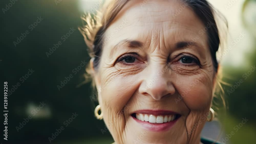 Psychological portrait of a calm middle-aged Caucasian woman. She smiles peacefully while looking at the camera during a walk in nature. Psychological portrait of a calm middle-aged Caucasian woman. She smiles peacefully while looking at the camera during a walk in nature.