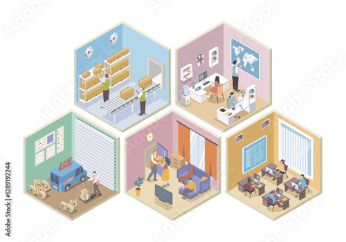 Delivery company 3d isometric rooms concept in isometry graphic design for web. People working in logistic company, managing courier shipping, loading parcel boxes in warehouse. Vector illustration.