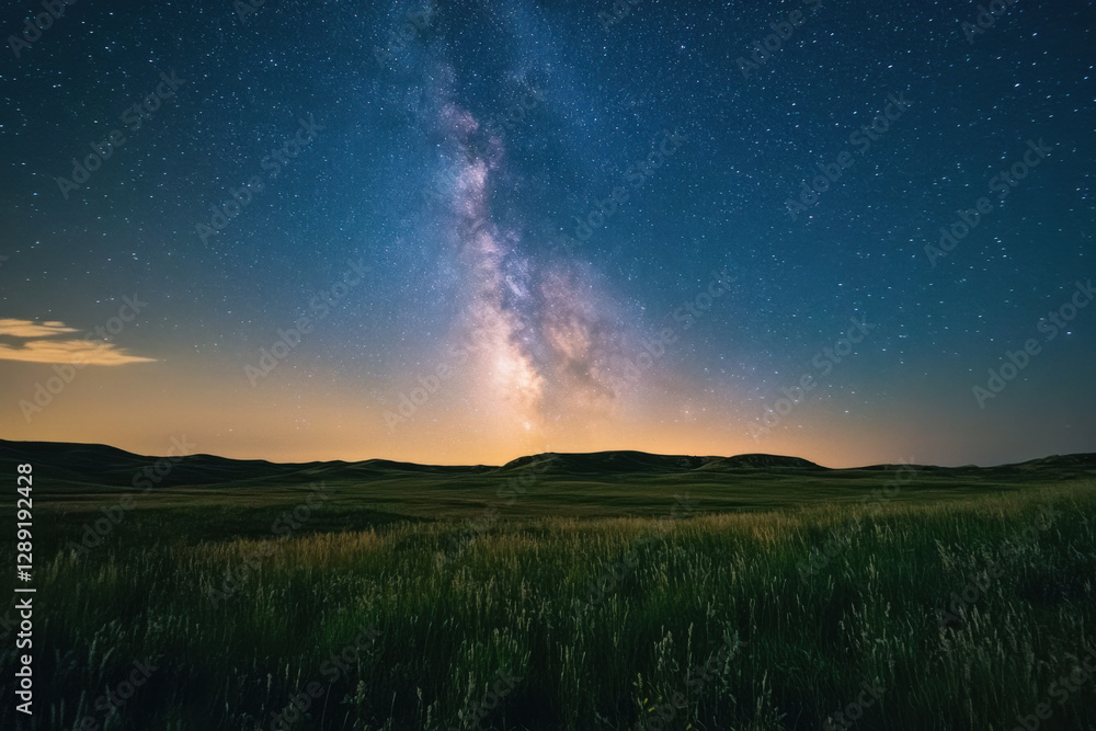 Fototapeta premium Milky way galaxy rising over grassland at twilight in badlands national park