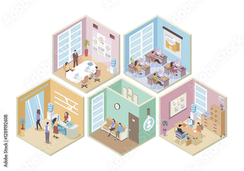 HR agency 3d isometric rooms concept in isometry graphic design for web. People registreting at reception, waiting in hall, managers works at office, interviewing recruiters. Vector illustration.