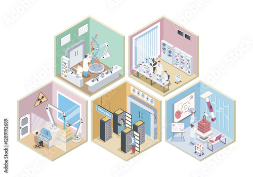 Laboratory 3d isometric rooms concept in isometry graphic design for web. People doing research in genetics, pharmaceutical and physics departments, using data center servers. Vector illustration.