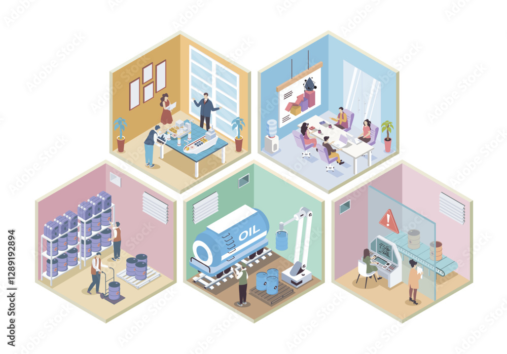 Oil industry 3d isometric rooms concept in isometry graphic design for web. People working tanker ship transportation company, loading petroleum barrels at storage warehouse. Vector illustration. Oil industry 3d isometric rooms concept in isometry graphic design for web. People working tanker ship transportation company, loading petroleum barrels at storage warehouse. Vector illustration.