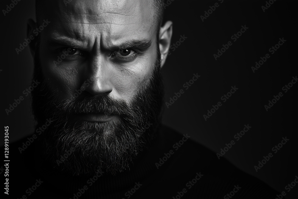 Obraz premium Dramatic black and white portrait of a bearded man in a turtleneck 