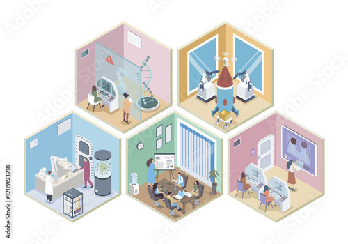 Science center 3d isometric rooms concept in isometry graphic design for web. People work in different laboratory, making researches, scientists staff meeting at conference hall. Vector illustration.