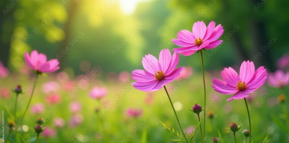 pink cosmos flowers swaying in the breeze amidst a lush green landscape, branches, serene pink cosmos flowers swaying in the breeze amidst a lush green landscape, branches, serene