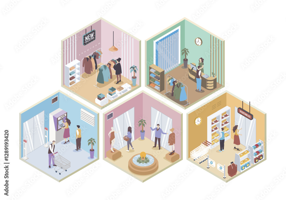 Shopping mall 3d isometric rooms concept in isometry graphic design for web. People buying clothes in stores or food in grocery, getting cash in atm, walking at sales areas. Vector illustration. Shopping mall 3d isometric rooms concept in isometry graphic design for web. People buying clothes in stores or food in grocery, getting cash in atm, walking at sales areas. Vector illustration.