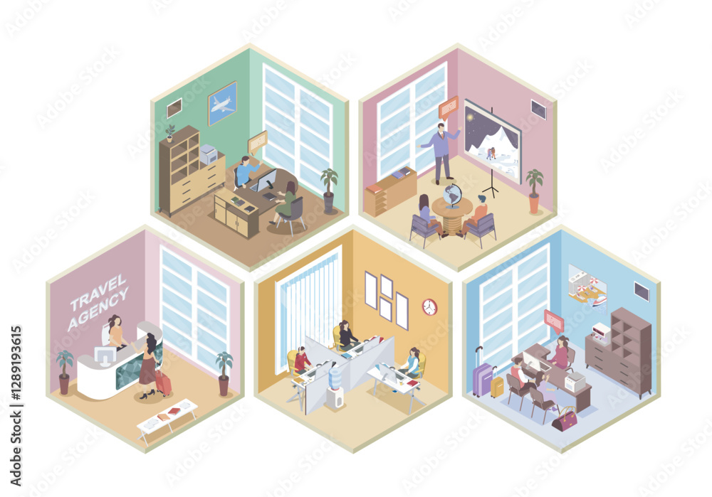 Travel agency 3d isometric rooms concept in isometry graphic design for web. People waiting at reception hall, travelling agents selecting resort tours for clients in offices. Vector illustration. Travel agency 3d isometric rooms concept in isometry graphic design for web. People waiting at reception hall, travelling agents selecting resort tours for clients in offices. Vector illustration.