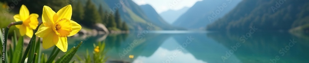 Golden daffodil nestled in tranquil mountain lake, serene, ornamental