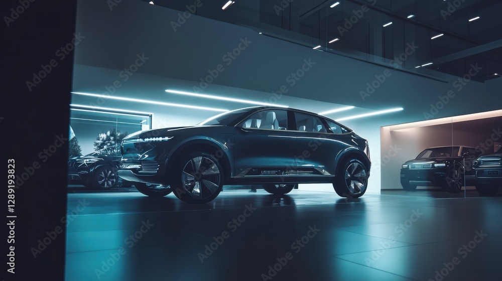 A car showroom showcasing an electric luxury SUV. Featuring innovation and elegance A car showroom showcasing an electric luxury SUV. Featuring innovation and elegance