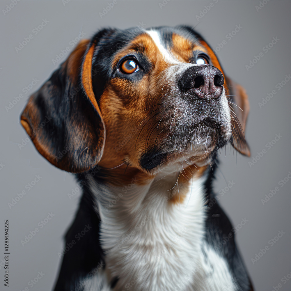 Close-up image of a dog with brown and white patches Beagle or Jack Russell Terrier, looking upwards, expressive eyes Background is neutral Possibly a portrait - AI-Generated Close-up image of a dog with brown and white patches Beagle or Jack Russell Terrier, looking upwards, expressive eyes Background is neutral Possibly a portrait - AI-Generated