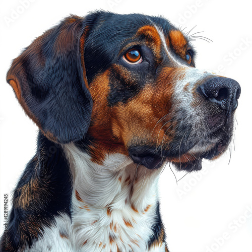 Close-up of an older dog with contemplative expression, large eyes, brown and white fur, floppy ears, whiskers, soft fur, well-cared for, no distinguishing marks, portrait photography - AI-Generated photo