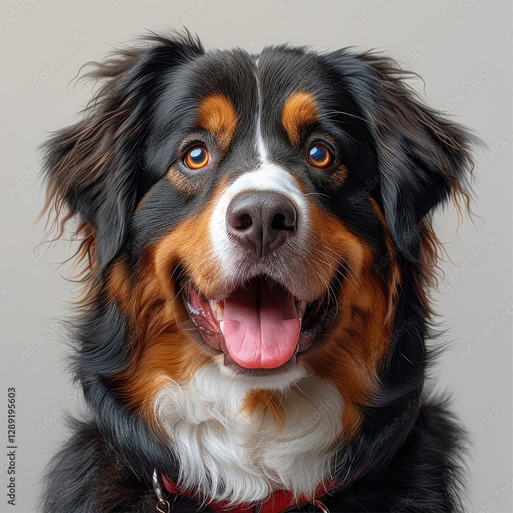 Close-up of a Bernese Mountain Dog with a tri-color coat white, black, rust and gentle expression Tongue slightly out, eyes open and focused No text in the image neutral background - AI-Generated Close-up of a Bernese Mountain Dog with a tri-color coat white, black, rust and gentle expression Tongue slightly out, eyes open and focused No text in the image neutral background - AI-Generated