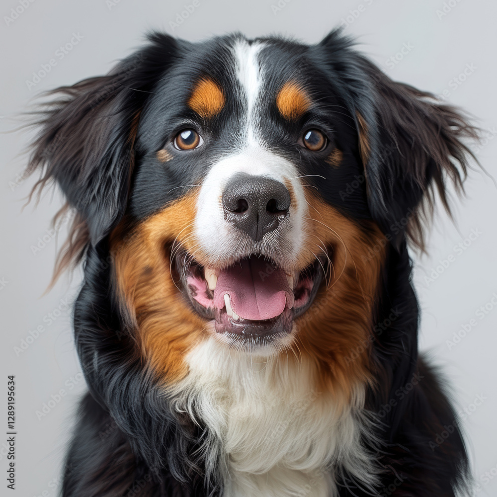 Close-up of friendly, warm-eyed Bernese Mountain Dog with black, white, and rust markings Soft fur texture and background neutral - AI-Generated Close-up of friendly, warm-eyed Bernese Mountain Dog with black, white, and rust markings Soft fur texture and background neutral - AI-Generated