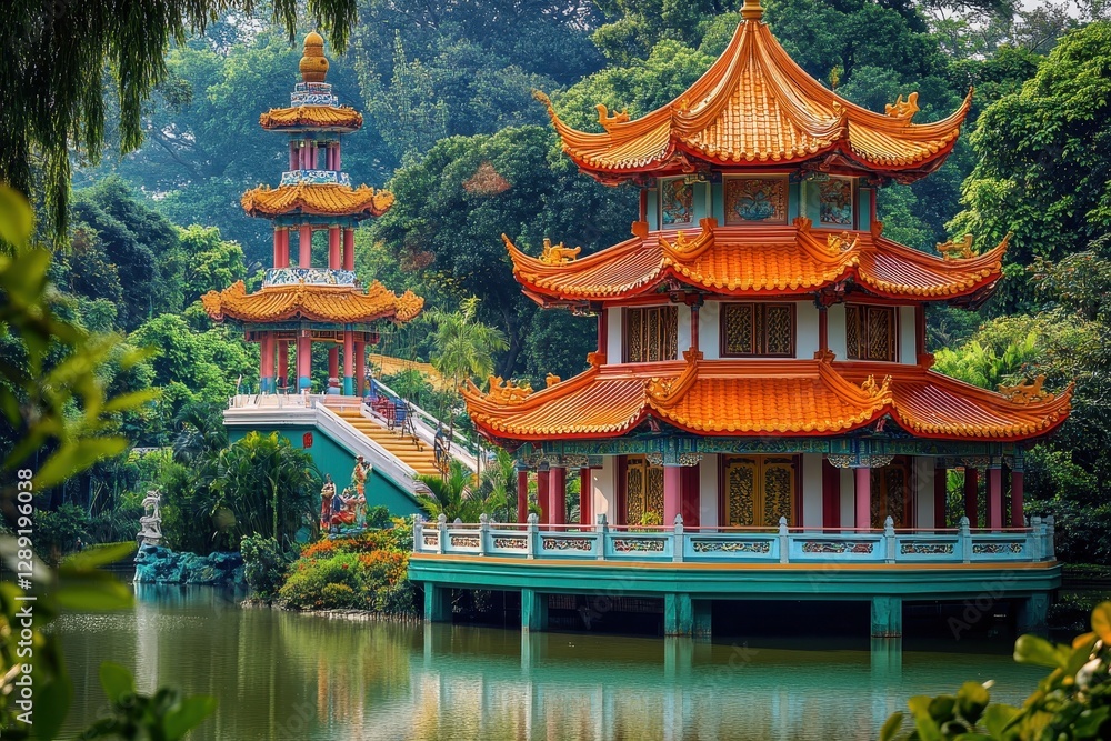 Fototapeta premium Haw Par Villa: A Serene Chinese Pagoda and Pavilion Reflecting Mythology by the Lake