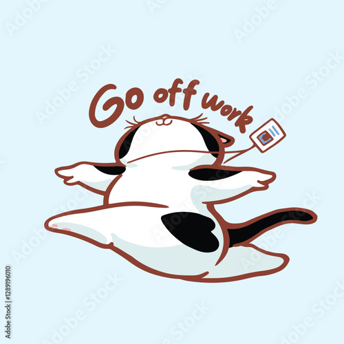 Joyful tuxedo cartoon cat is leaping through the air with its limbs stretched out in a carefree manner. 
