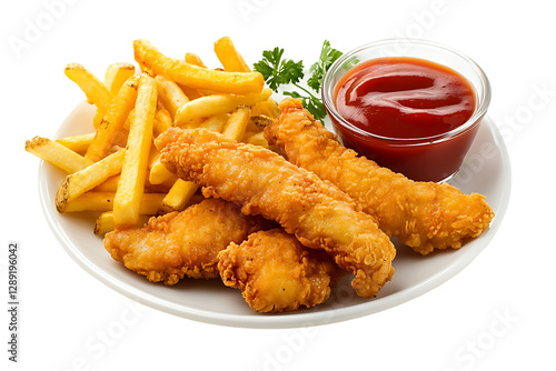 Crispy chicken tenders, golden fries, and ketchup.