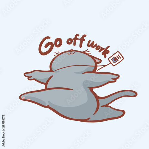 Joyful dark gray cartoon cat is leaping through the air with its limbs stretched out in a carefree manner. 
