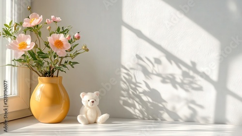 A plush white teddy bear sits beside a vase of pink flowers on a white windowsill, bathed in sunlight