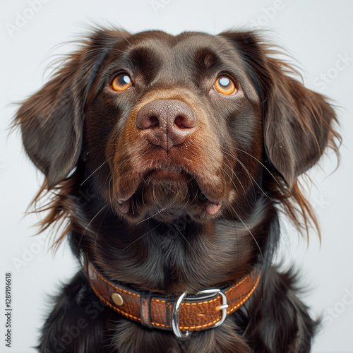 Close-up of a young, well-groomed Labrador Retriever in indoor environment, wearing a collar with metal tag, expressive eyes, and lighter markings around eyes and ears - AI-Generated photo