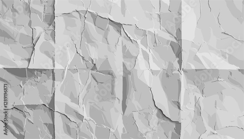 Heavily creased folded paper texture overlay on transparent background, vector, distressed, grunge, old, vintage, crumpled, rough, wrinkled, abstract, backdrop, retro, blank