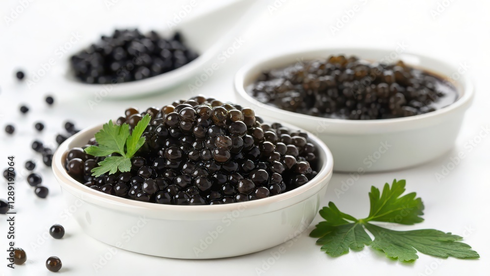Black Caviar in Bowls on White Background Black Caviar in Bowls on White Background