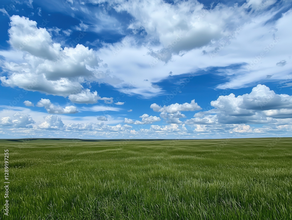 vast green prairie under a blue sky with fluffy white clouds vast green prairie under a blue sky with fluffy white clouds