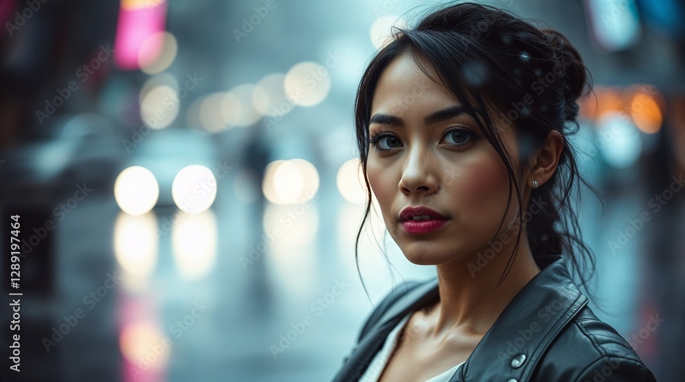 Woman in leather jacket with intense gaze and blurred city lights background Woman in leather jacket with intense gaze and blurred city lights background