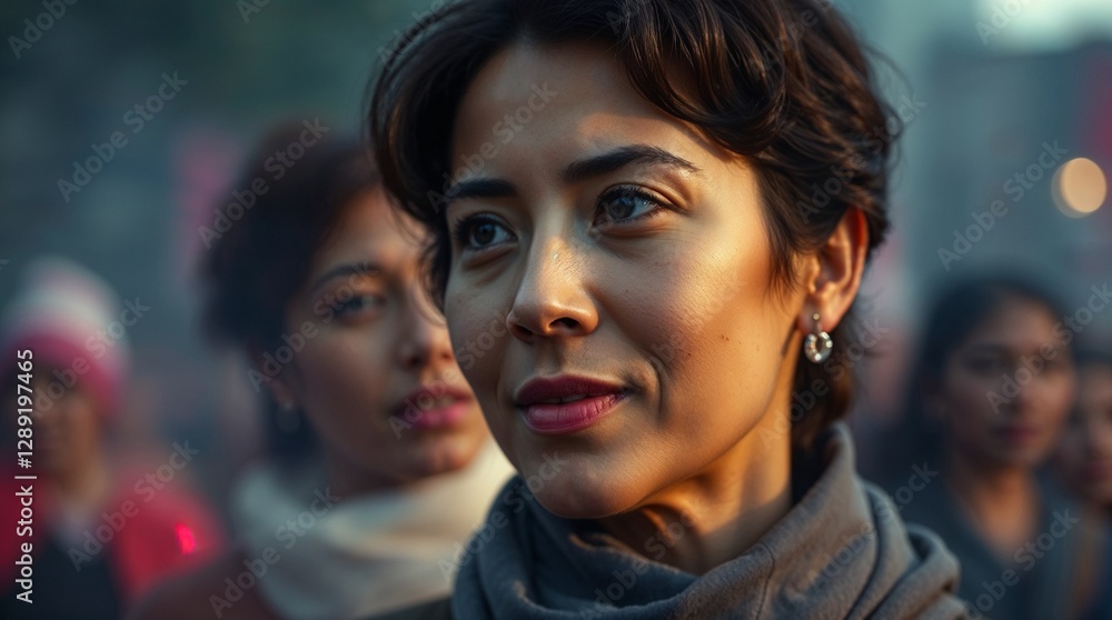 Obraz premium Confident woman in soft natural light with blurred crowd in the background