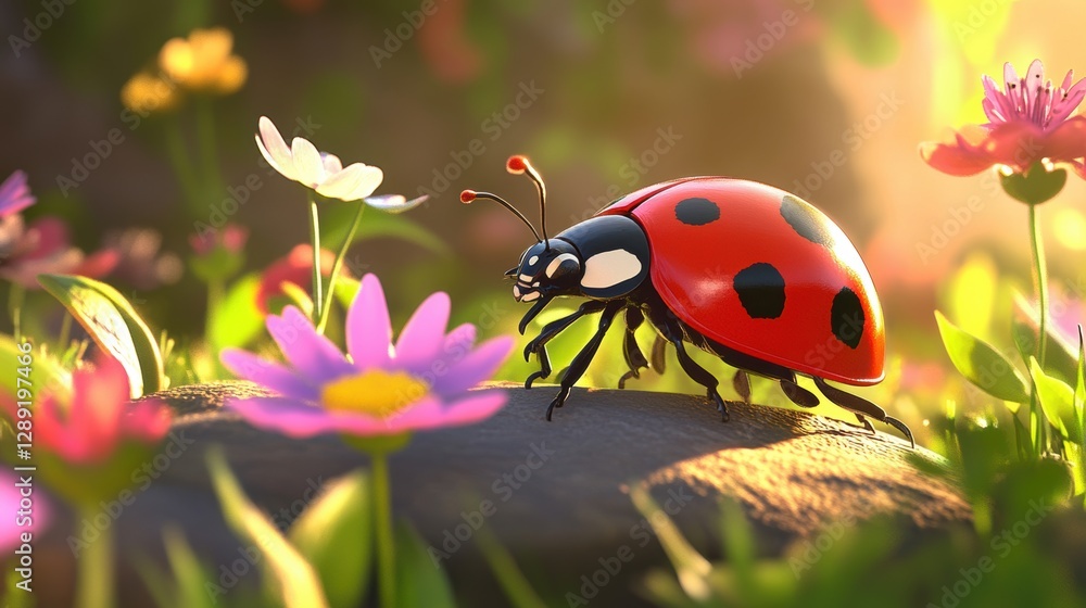 Fototapeta premium Beautiful cute ladybug with flower in Spring.