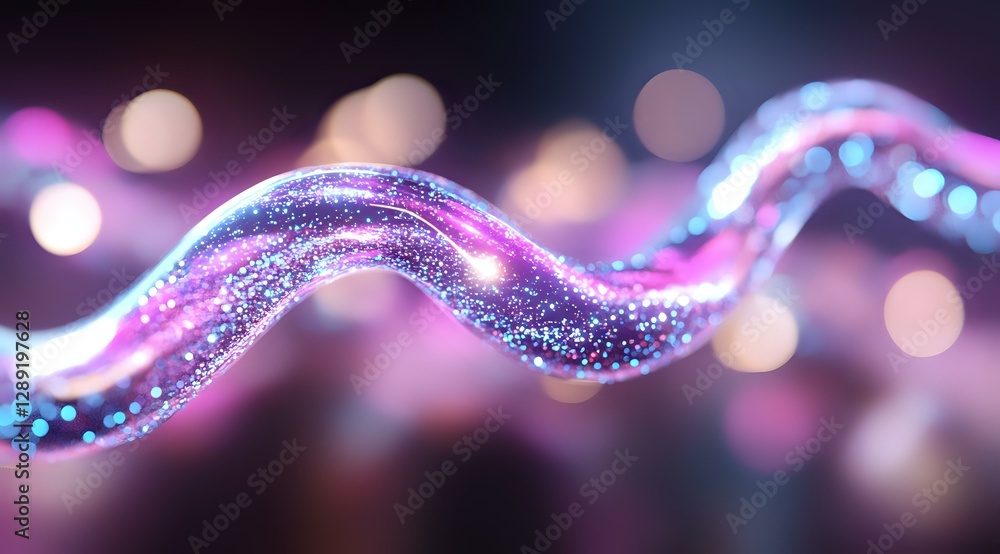 Obraz premium Glowing wavy line with sparkles and bokeh effects in pink and blue colors against dark background creates magical abstract composition.