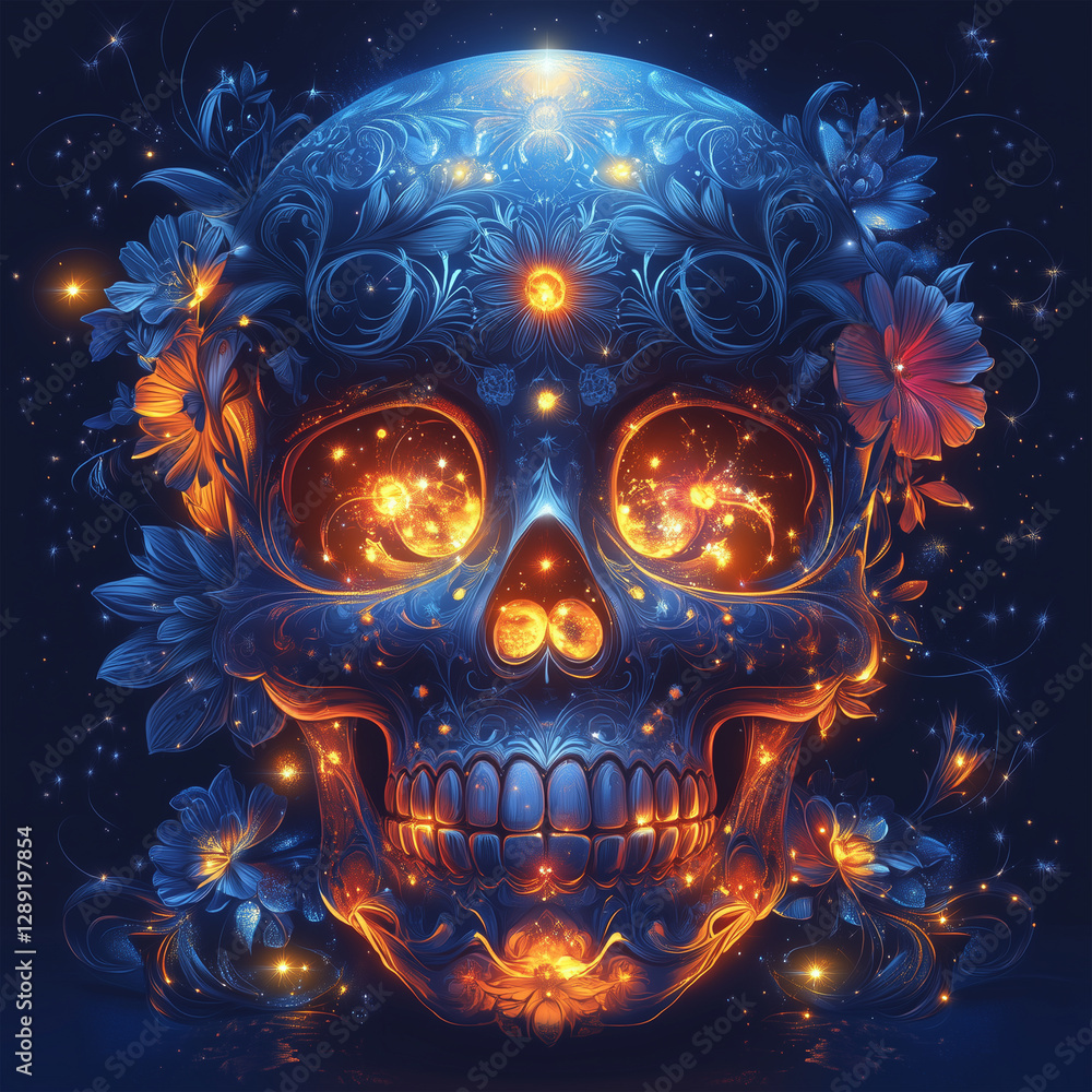 Illustrated skull with celestial and floral pattern, moonlight generative AI Illustrated skull with celestial and floral pattern, moonlight generative AI