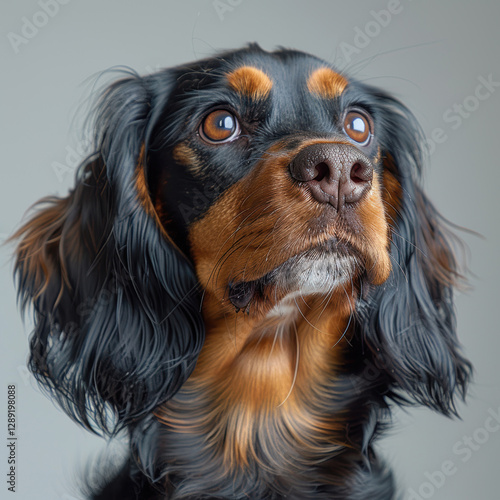 Close-up photograph of a curious dog with dark brown fur and lighter tan markings Soft lighting highlights the texture of its fur - AI-Generated photo