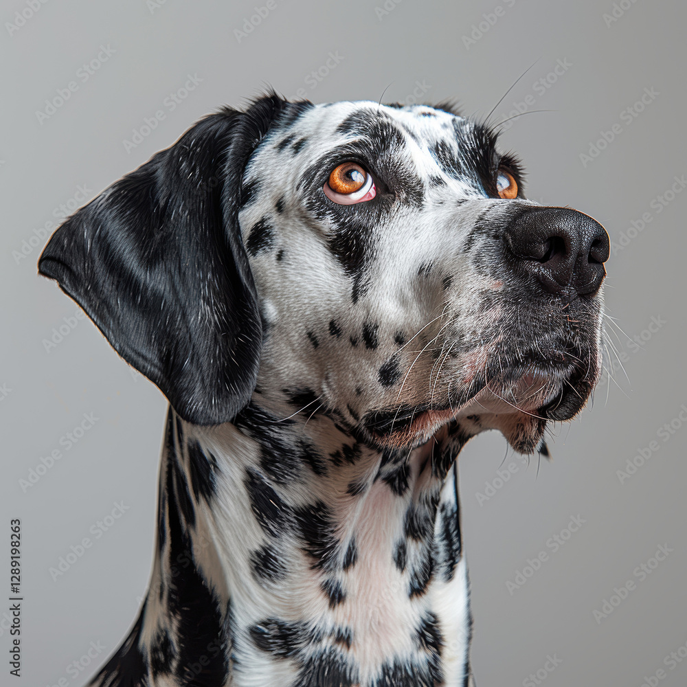 Close-up of a Dalmatian dog, attentive or curious expression, black spots on white fur, tapetum lucidum reflection in eyes, light background - AI-Generated Close-up of a Dalmatian dog, attentive or curious expression, black spots on white fur, tapetum lucidum reflection in eyes, light background - AI-Generated