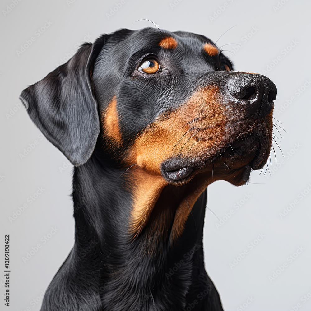 Close-up portrait of an alert, curious dog with a marbled coat resembling Doberman Pinscher or similar breed Well-groomed and with visible whiskers - AI-Generated Close-up portrait of an alert, curious dog with a marbled coat resembling Doberman Pinscher or similar breed Well-groomed and with visible whiskers - AI-Generated