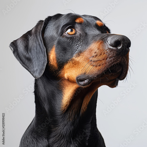 Close-up portrait of an alert, curious dog with a marbled coat resembling Doberman Pinscher or similar breed Well-groomed and with visible whiskers - AI-Generated photo