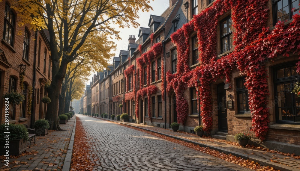 Obraz premium The Vibrant Nature of Autumn Background with Stunning Red and Orange Leaves Covering the Ground Trees in Full Fall Colors and a Golden Sunlight Glow Creating a Warm and Cozy Atmosphere for a Beautiful